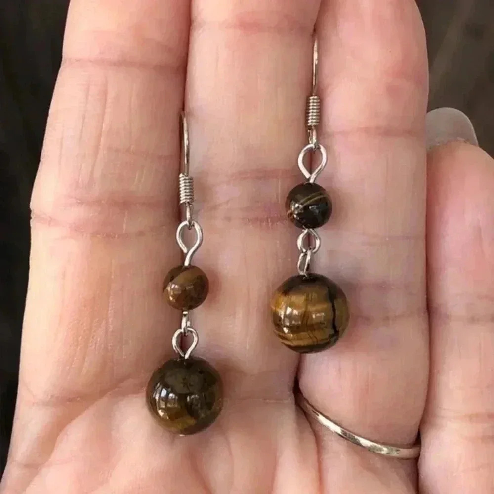 Tiger Eye Brown 10mm & 6mm Double Bead Silver Drop Earrings NWT